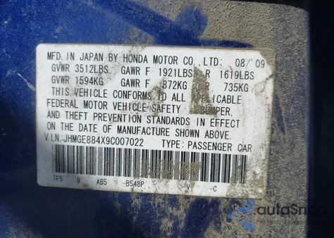 2009 Honda Fit Sport from USA, damaged, VIN JHMGE884X9C007022